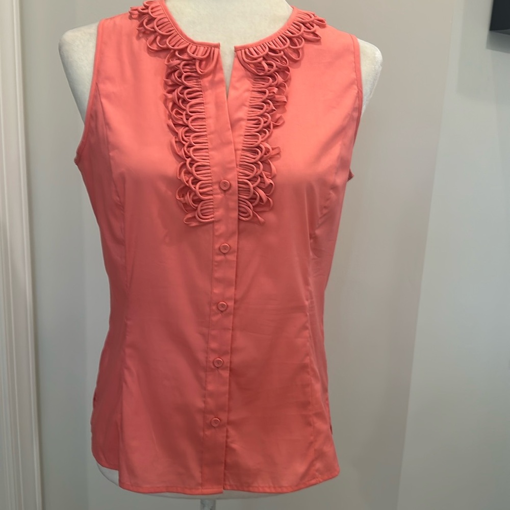 NWOT- Talbots Stretch button down ruffle front & neckline sleeveless top.